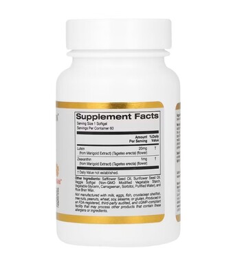 Лютеин с зеаксантином California Gold Nutrition Lutein with Zeaxanthin 20 мг, 60 растительных капсул