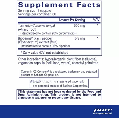 Куркумін з біоперіном Pure Encapsulations Curcumin with Bioperine 500 мг, 60 капсул