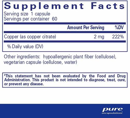 Медь (цитрат) Pure Encapsulations Copper (citrate), 60 капсул