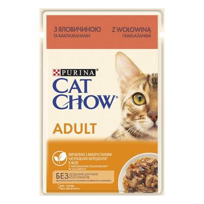 Корм вологий для кішок Purina Cat Chow Adult з яловичиною та баклажанами в желе, 26 пакетів по 85 г