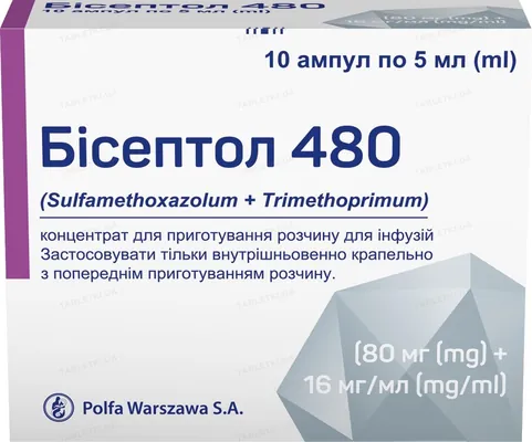 Бісептол 480 концентрат д/приг. р-ну д/інф. 80 мг/16 мг по 5 мл №10 в амп.