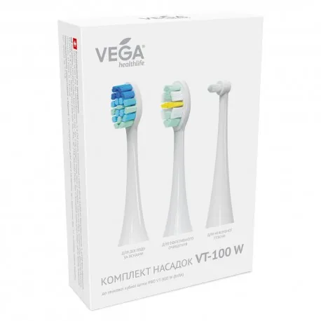 Насадки Vega VT-100 W Повний комплекс до звукової зубної щітки VT-800 W, білі, 2 штуки