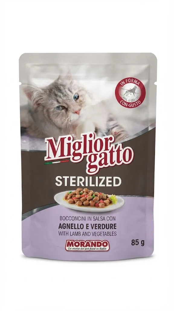 Корм вологий Morando Migliorgatto Sterilized для стерилізованих котів беззерновий ягня з овочами шматочки в соусі, 85 г