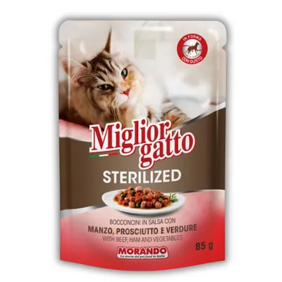 Корм вологий Morando Migliorgatto Sterilized для стерилізованих котів беззерновий яловичина і шинка шматочки в соусі, 85 г