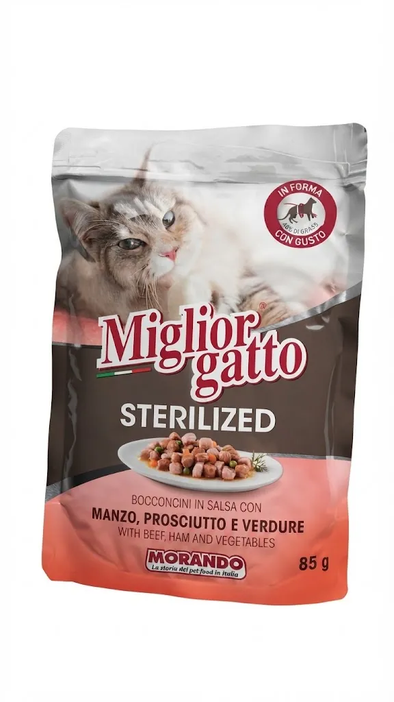 Корм вологий Morando Migliorgatto Sterilized для стерилізованих котів беззерновий яловичина і шинка шматочки в соусі, 85 г