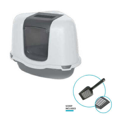 Туалет закрытый Petmax Cat Toilet Ella Corner угловой для кошек с совком в комплекте, бело-серый