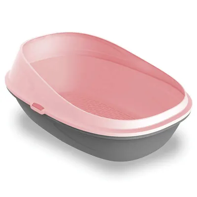 Туалет Petmax Cat Toilet Pop Up відкритий для котів з високими бортами та сіткою, сіро-рожевий, 57х39х27 см