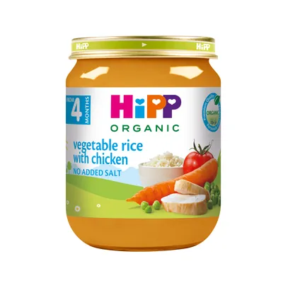 Пюре м’ясо-овочеве HiPP Organic Рагу овочеве з рисом та куркою з 4 місяців, 125 г