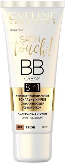 Багатофункціональний тональний крем Eveline Satin Touch BB 8 В 1 зі зволожувальною сироваткою №002 Beige, 30 мл