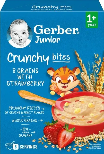 Каша суха швидкорозчинна Gerber Мультизлакова з хрусткими пластівцями та шматочками полуниці для дітей від 1 року, 200 г