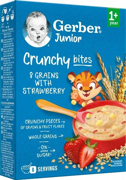 Каша суха швидкорозчинна Gerber Мультизлакова з хрусткими пластівцями та шматочками полуниці для дітей від 1 року, 200 г