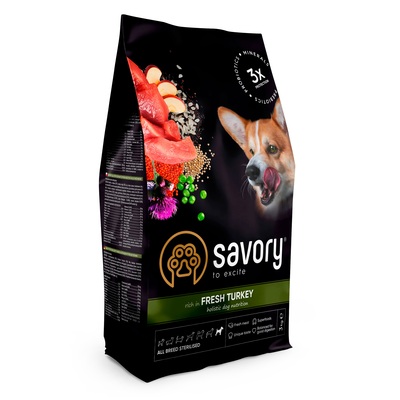 Корм сухой для стерилизованных собак всех пород Savory 31508 со свежей индейкой, 3 кг