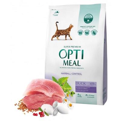 Корм сухой для взрослых кошек Optimeal с уткой и эффектом выведения шерсти, 4 кг