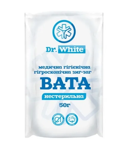 Вата нестерильна  Dr.White медична гігієнічна гігроскопічна зиг-заг, 50 г