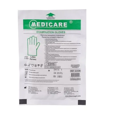 Рукавички оглядові Medicare Latex Powdered Sterile латексні з пудрою стерильні, розмір M, пара