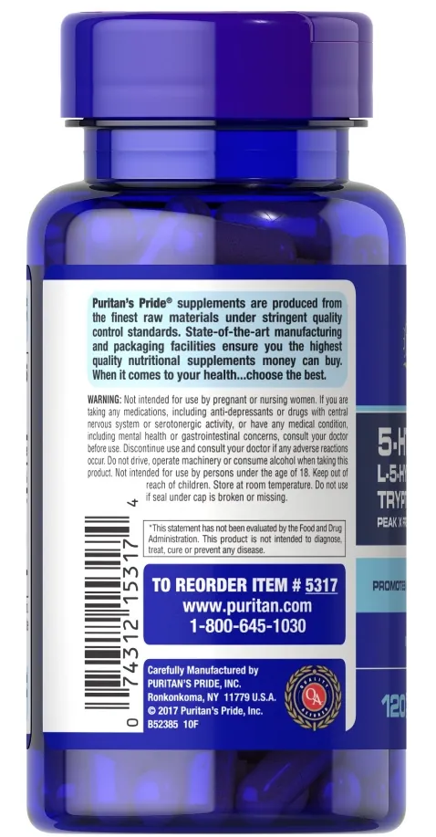 Амінокислота Puritan's Pride 5-HTP 100 мг Гідрокситриптофан Екстракт Гриффонії, 120 капсул