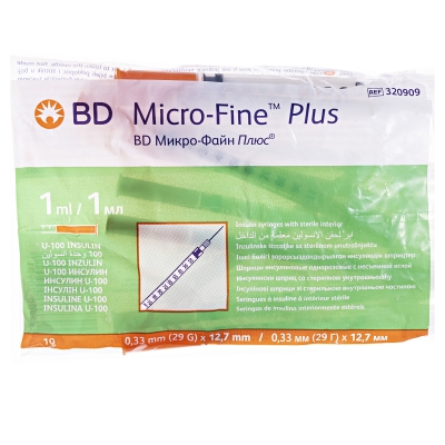 Шприц инсулиновый 1 мл U-100 BD Micro-Fine Plus 29G (0.33 x 12.7 мм), 10 штук