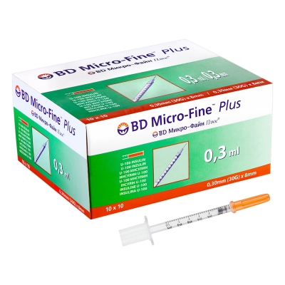 Шприц инсулиновый 1 мл U-100 BD Micro-Fine Plus 30G (0,30 x 8 мм), 10 штук
