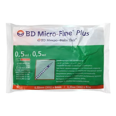 Шприц інсуліновий 0,5 мл U-100 BD Micro-Fine Plus 30G (0,30 x 8 мм), 10 штук