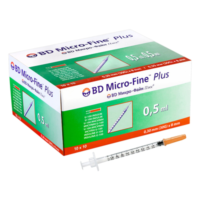 Шприц інсуліновий 0,5 мл U-100 BD Micro-Fine Plus 30G (0,30 x 8 мм), 10 штук