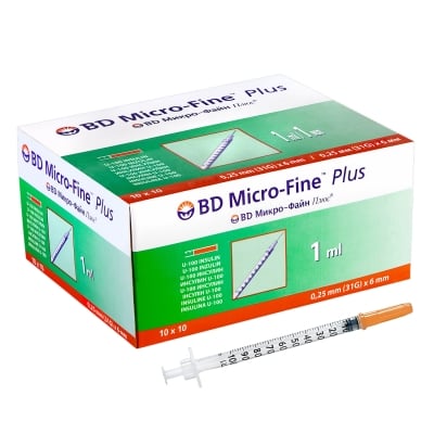 Шприц инсулиновый 1 мл U-100 BD Micro-Fine Plus 31G (0,25 x 6 мм), 10 штук
