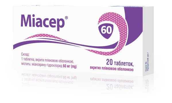 Міасер таблетки, в/плів. обол. по 60 мг №20 (10х2)