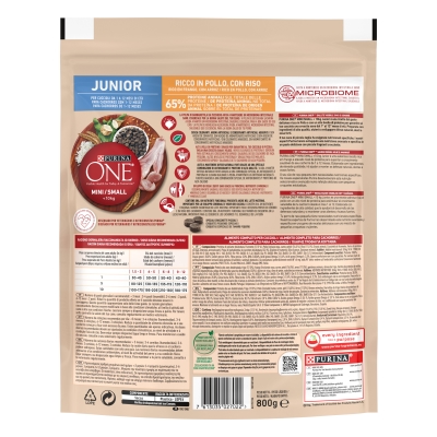 Корм сухой для щенков малых пород Purina One Mini Junior c курицей и рисом, 800 г