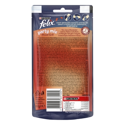 Лакомство для взрослых кошек Purina Felix Party Mix Гриль Микс со вкусом курицы, говядины и лосося, 60 г