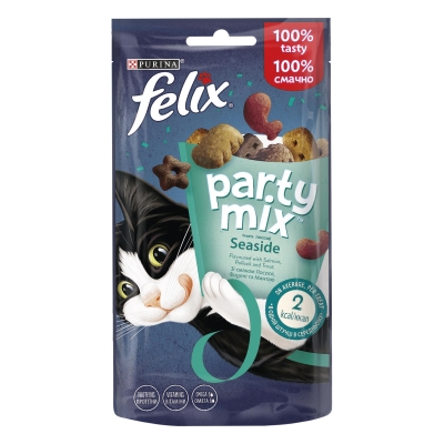 Лакомство для взрослых кошек Purina Felix Party Океанический Микс со вкусом лосося, форели, 60 г