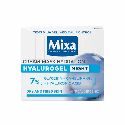 Крем-маска Mixa Hyalurogel Night зволожувальний для сухої зневодненої чутливої шкіри обличчя, 50 мл