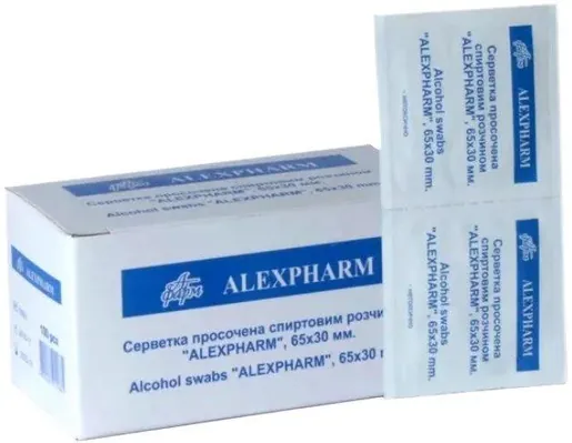 Серветки спиртові Alexpharm медичні 30 мм х 65 мм, 100 штук