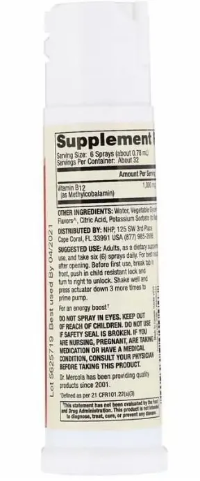 Вітамін В12 Dr. Mercola Vitamin B12 Energy Booster смак ожини, спрей, 25 мл