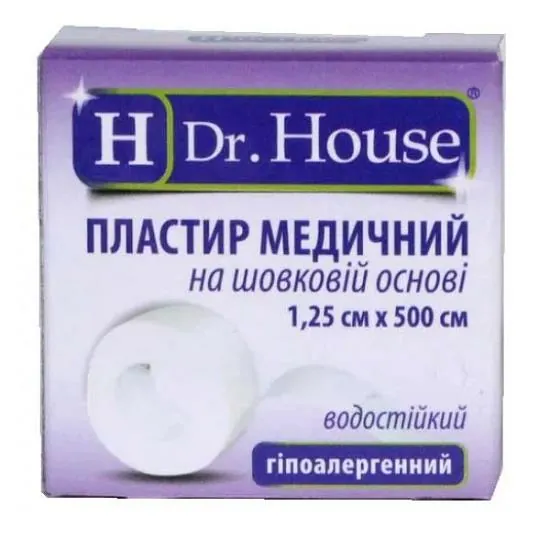 Пластир медичний Dr. House на шовковій основі 1,25 см х 500 см, водостійкий, в картонній упаковці, 1 штука