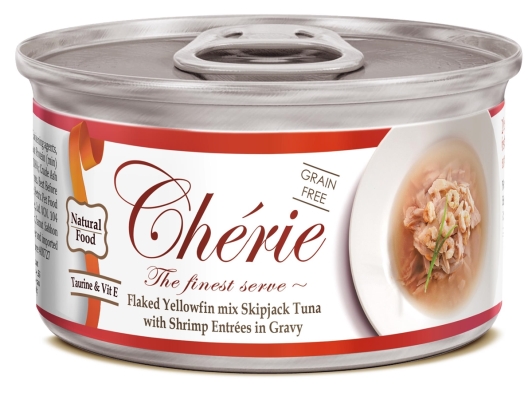 Корм влажный Cherie Flaked Yellowfin Mix Skipjack Tuna & Shrimp для кошек с нежными кусочками тунца и креветок в соусе, 80 г