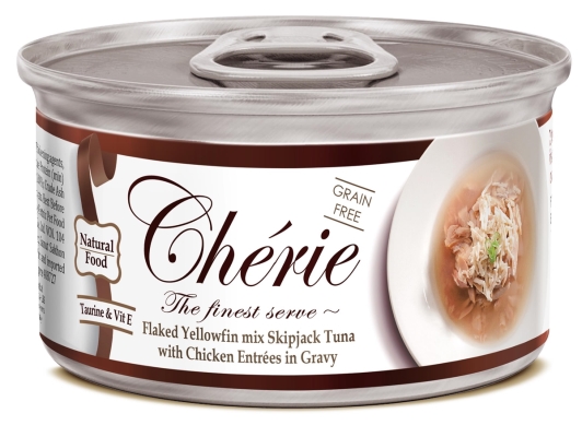 Корм влажный Cherie Flaked Yellowfin Mix Skipjack Tuna & Chiken для кошек с нежными кусочками тунца и курицы в соусе, 80 г
