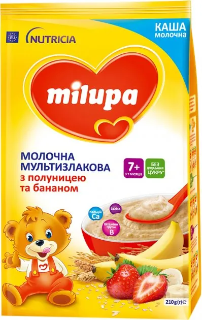 Каша молочна Milupa мультизлакова з полуницею та бананом для дітей з 7 місяців, 210 г