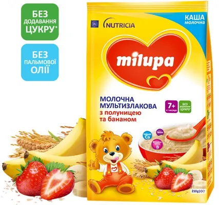 Каша молочна Milupa мультизлакова з полуницею та бананом для дітей з 7 місяців, 210 г