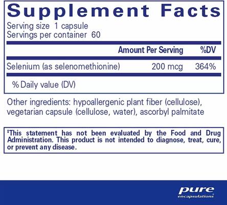 Селен (селенометионин) Pure Encapsulations Selenium (selenomethionine) 200 мкг, 60 капсул