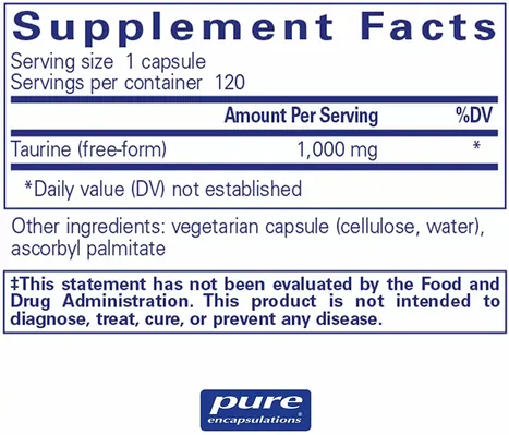 Таурин Pure Encapsulations Taurine 1000 мг, 120 капсул