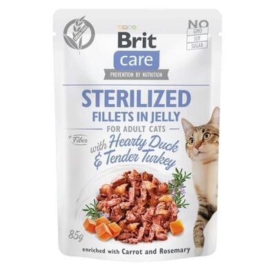 Корм влажный Brit Care Adult Sterilised Hearty Duck & Tender Turkey для стерилизованных кошек утка и индейка в желе, 85 г
