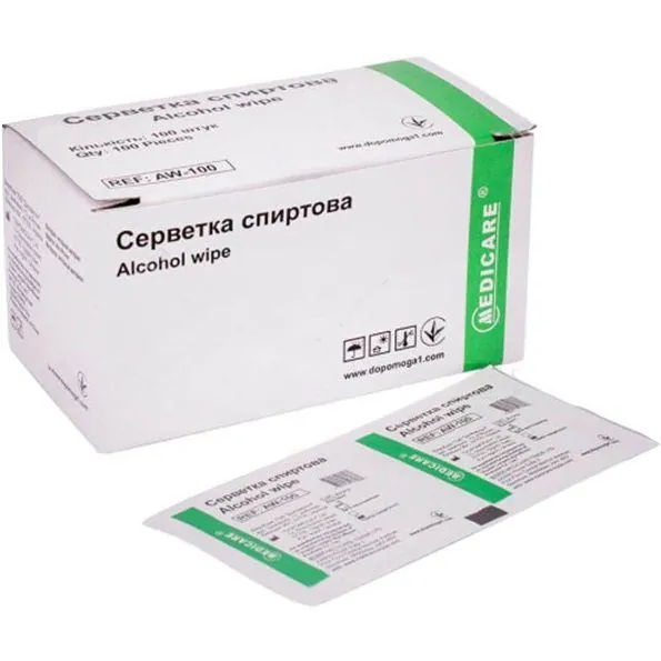 Серветки спиртові Medicare Alcohol wipe медичні 56 мм х 65 мм, 100 штук