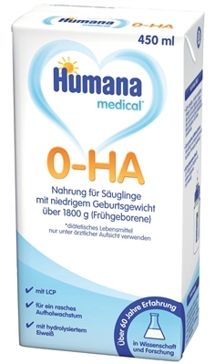 Смесь жидкая молочная Humana 0-HA гипоаллергенная с LC PUFA, пребиотиками и нуклеотидами для недоношенных и детей с малым весом с рождения, 450 мл