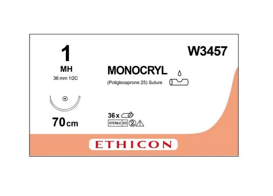 Шовний матеріал хірургічний Monocryl W3457 USP1/0 з антибактеріальним покриттям, що розсмоктується, довжина 70 см, голка колюча 36 мм, 1/2 кола