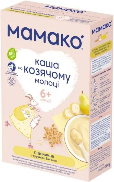 Каша молочна Mamako на козячому молоці пшенична з грушею та бананом з 6 місяців, 200 г
