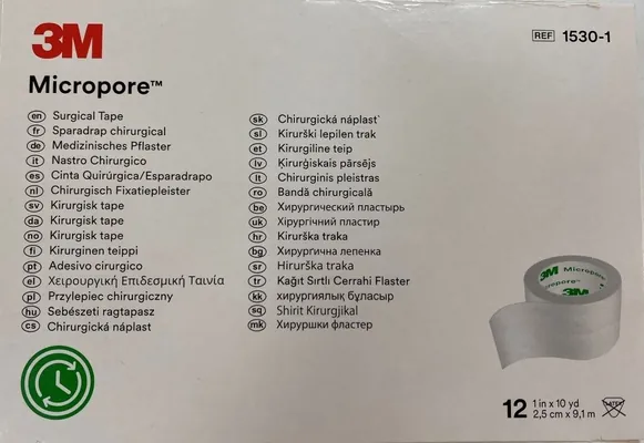 Пластир медичний Micropore 1530-1 хірургічний на паперовій основі, білий 2,5 см х 9,1 м, 12 штук