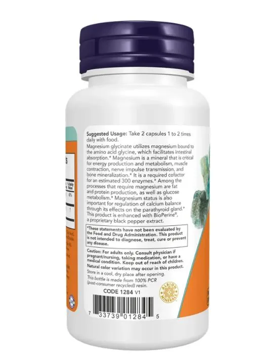 Магнію гліцинат NOW Magnesium Glycinate with BioPerine, 60 капсул