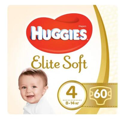 Подгузники Huggies Elite Soft детские, размер 4, 8-14 кг, 60 шт Mega