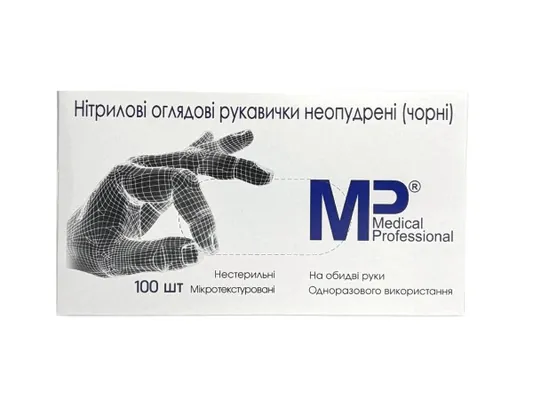 Рукавички оглядові Medical Professional нітрилові без пудри нестерильні, розмір М чорні, пара
