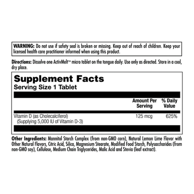 Витамин Д3 KAL ActivMelt Vitamin D3 5000 МЕ (125 мкг) Лимон-Лайм, 90 микротаблеток