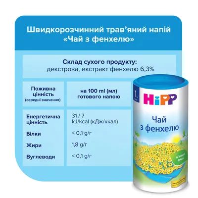 Напій HiPP Чай з фенхелю, сухий швидкорозчинний, 200 г